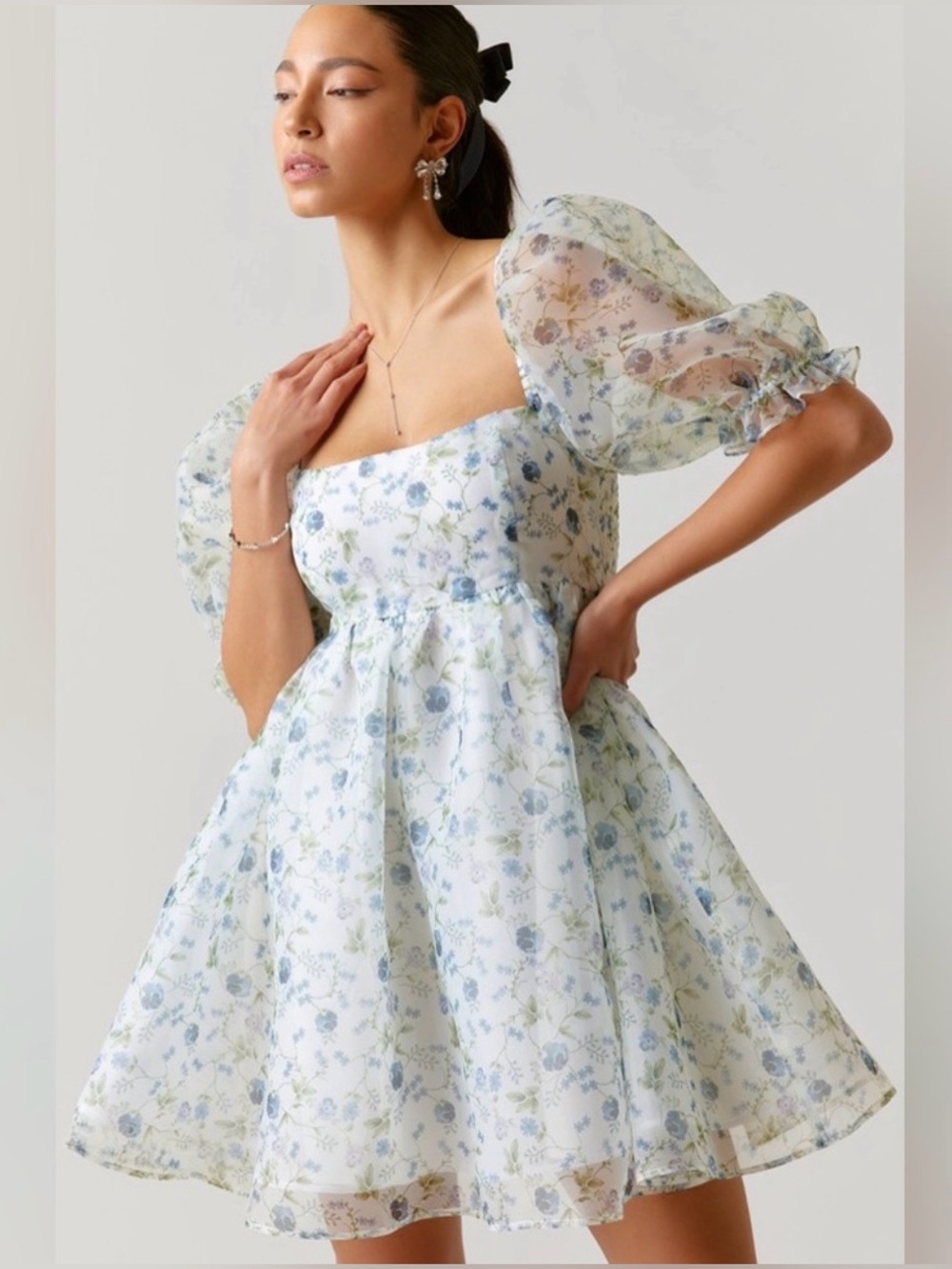 Audrey Parks x Francesca’s Floral Blue & White Babydoll Dress - Large